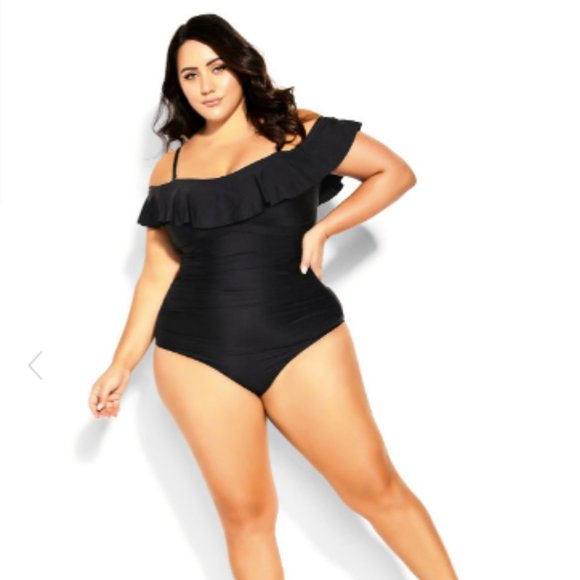 Avenue New/Tags Jungle Paradise 1 Piece Ruffle Swimsuit in Black Size 16 Women's - Picture 2 of 6